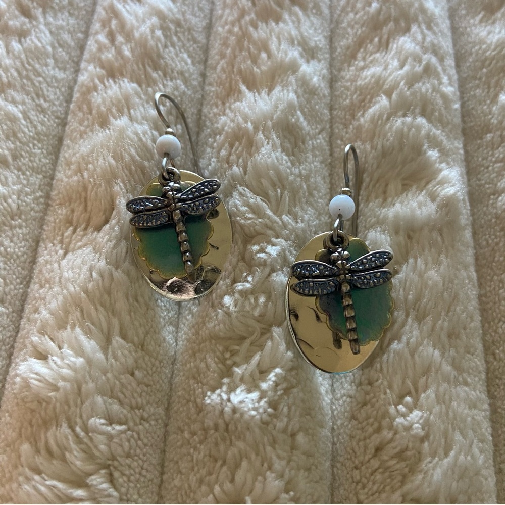 Metal layered dragonfly fish hook earrings